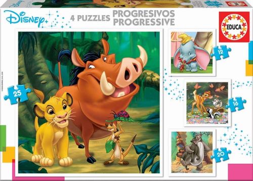 4 puzzles enfant : roi lion - bambi - dumbo - livre de la jungle - 12 - 16 - 20 - 25 pieces - educa collection disney