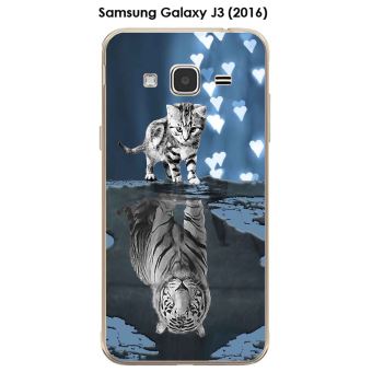 Coque Samsung Galaxy J3 (2016) design Chat Tigre Blanc fond bleu noir