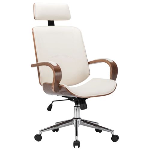 Chaise de bureau avec appuie-t&ecirc;te Cr&egrave;me Similicuir et bois