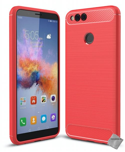 Housse etui coque silicone gel carbone pour Huawei Honor 7X avec verre trempe - ROUGE