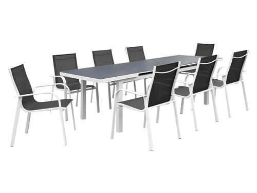 Salle à manger de jardin en aluminium grise et blanche : 8 fauteuils et une table extensible - LINOSA de MYLIA