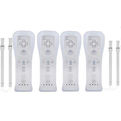 Lot de 4 QUMOX manettes Wii avec étui en silicone et dragonne, télécommande Wii pour Wii/Wii U – Blanc