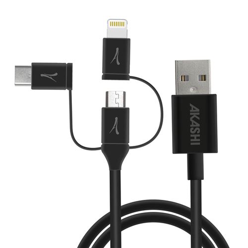 Câble USB vers USB-C, Lightning, Micro-USB Charge Synchronisation 1m Écologique Akashi Noir