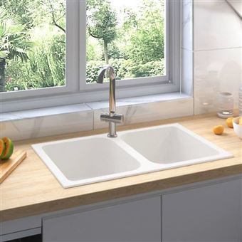 vidaXL Évier de cuisine deux lavabos trou de trop-plein Blanc Granit - 1