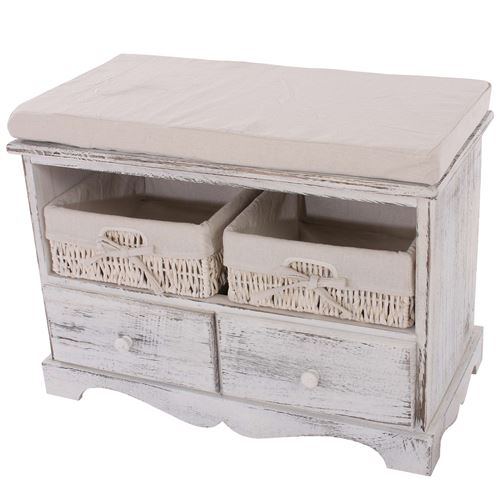 Non Communiqué Blanc Commode / Banc, 2 Paniers, 2 Tiroirs, 62X33x42cm, Shabby, Vintage, - Image 1