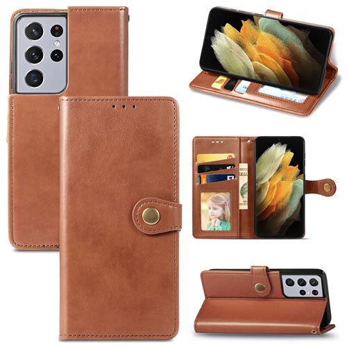 MPFRANCE Housse pour Samsung Galaxy S21 Ultra Marron [Porte Carte, etui portefeuille, boucle]