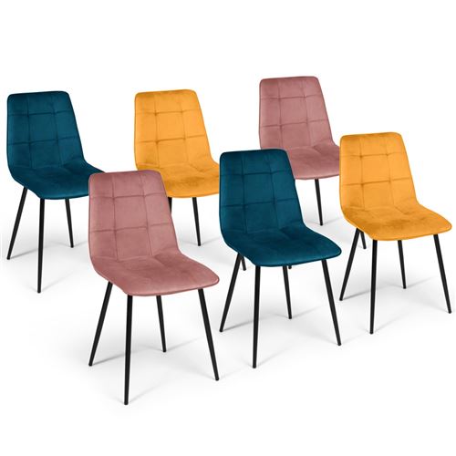 Lot de 6 chaises en velours mix color bleu x2, jaune ocre x2, rose x2