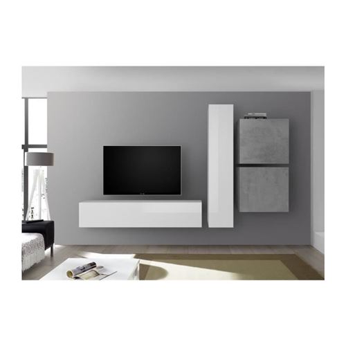 Meuble TV Mural - Ciment et Blanc Laque - L 260 x P 30 x H 180 cm - CESENA