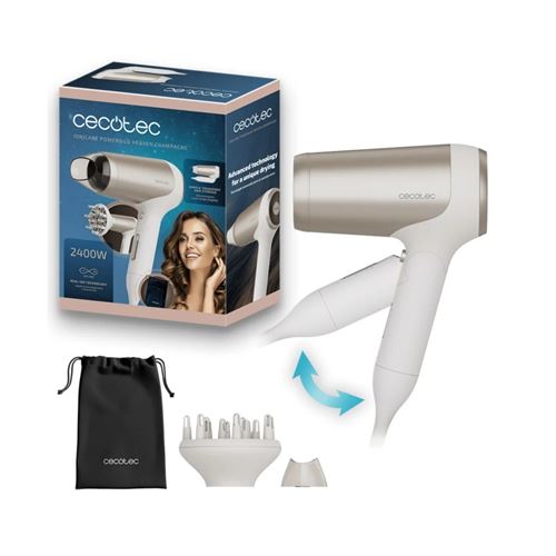 Cecotec Secador de Pelo Plegable IoniCare Power&Travel Champagne. 2400W, Motor DC, Tecnología de Iones Reales, Compacto