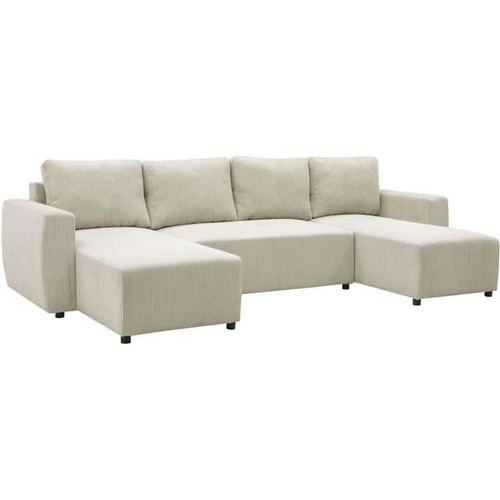 Canapé d'angle convertible panoramique PHARELL 5/6 places - Tissu velours côtelé perle - Coffre de rangement - L297 x P155 x H71/85
