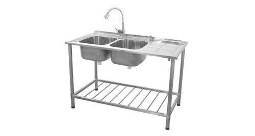 Evier professionnel /plonge sur pied à doubles bacs en acier inoxydable avec etagère de rangement inférieure et robinet – egouttoir à droite