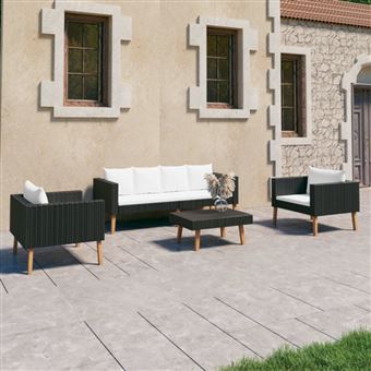 vidaXL Salon de jardin 4 pcs avec coussins Résine tressée Noir3059334 - 1