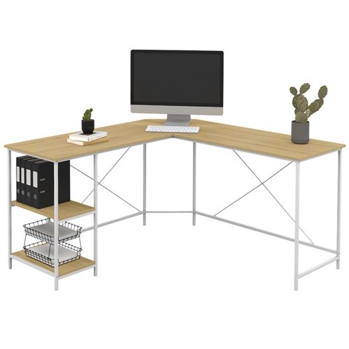 Bureau d'angle en bois et métal blanc en forme de L