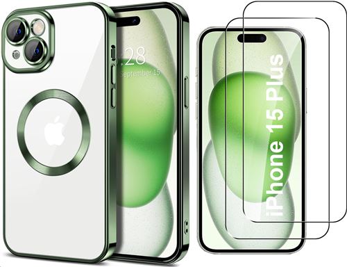 Coque Silicone Pour iPhone 15 Plus Couleur Vert Compatible Magsafe + 2 Verres Trempe Protection Ecran Little Boutik®
