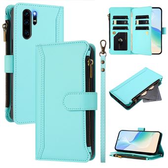Étui FOXDOCK pour Huawei P30 Pro de téléphone de portefeuille de poche à fermeture éclair en cuir premium avec 9 emplacements de carte et bracelet de poignet détachable-Vert clair - 1