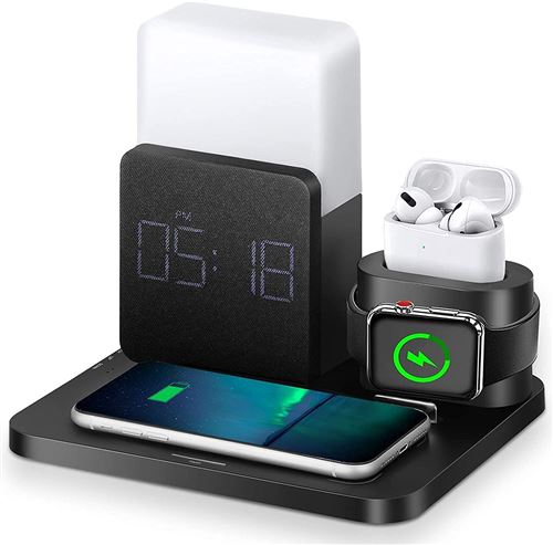 Chargeur Sans fil 3 en 1 avec Réveil numérique, veilleuse FONGWAN compatible avec iWatch iPhone AirPods Android-Noir