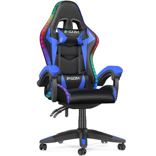 Chaise gaming avec éclairage LED Effets BIGZZIA, avec Lombaire et Appui-Tête Appui, Dossier Hauteur Réglable, Bleu