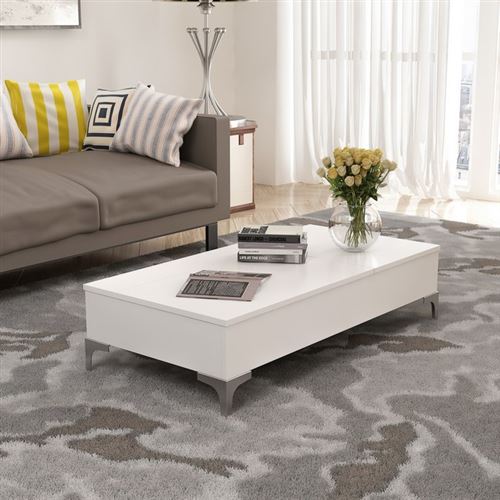 HOMEMANIA Table Basse Delinda Relevable - Compacte Porte PC, Porte-Revues - avec Étagères - pour Salon - Blanc en Bois, 121 x 60 x 30 cm