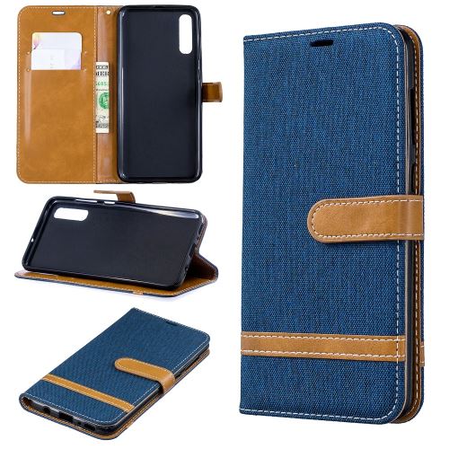 Etui en PU jean bicolore en tissu flip bleu foncé pour votre Samsung Galaxy A70