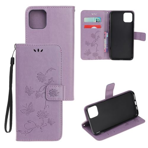Etui en PU empreinte fleur de papillon violet clair pour votre Apple iPhone 12 Pro Max 6.7 pouces