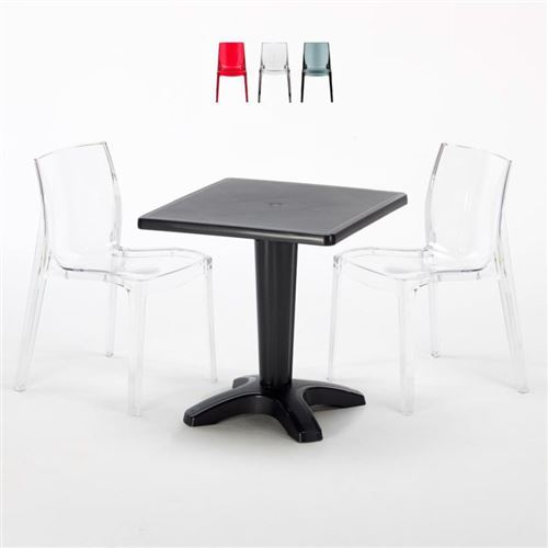 Table et 2 chaises colorées polycarbonate extérieurs Grand Soleil CAFFÈ, Chaises Modèle: Femme Fatale Trasparente, Couleur de la table: Noir