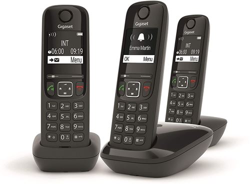 Gigaset AS690 Trio Téléphone sans Fil : Trois Portables pour appels internes et externes en parallèle, Mains Libres Haute qualité, Clavier éclairé et Grand écran, Noir (Produit d'import Italie)