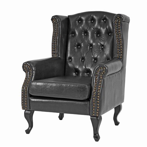 Fauteuil de luxe à oreilles Chesterfield similicuir noir sans pouf