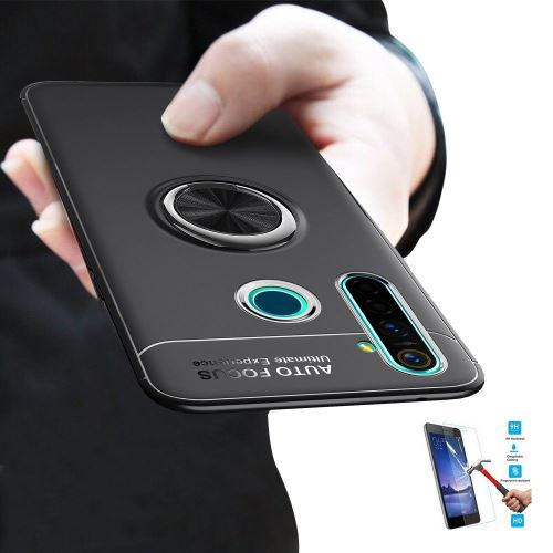 Coque Oppo Realme 5 Pro Finger Noir Avec Film Verre Trempé Housse Etui Magnétique Rotatif hfs-house®