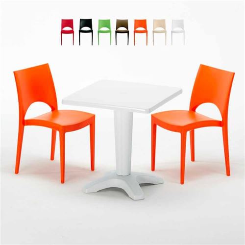Table Carrée Blanche 70x70cm Avec 2 Chaises Colorées Grand Soleil Set Bar Café Paris Patio, Couleur: Orange