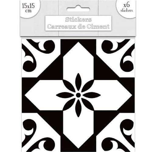 6 Stickers carreaux de ciment - 15 x 15 cm - Noir et blanc