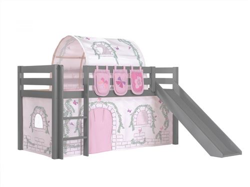Lit toboggan 90x200 cm avec tente tunnel et 3 pochettes contra pin massif gris Pino