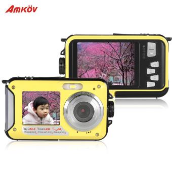 Amkov Appareil Photo Numérique Caméscope Anti-vibrations 24MP Double LCD Affichage 2.7" Écran HD Jaune - 1