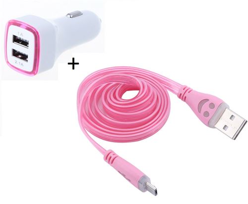 Pack Chargeur Voiture Pour Blackberry Priv Smartphone Micro-usb (cable Smiley + Double Adaptateur Led Allume Cigare) Android (rose)