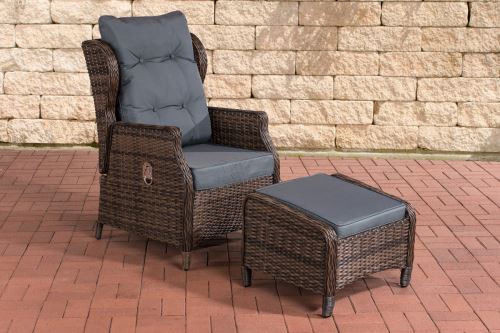 Fauteuil de jardin Breno 5 mm avec pouf repose-pieds - Polyrotin Marron marbré - Coussins Gris fonte