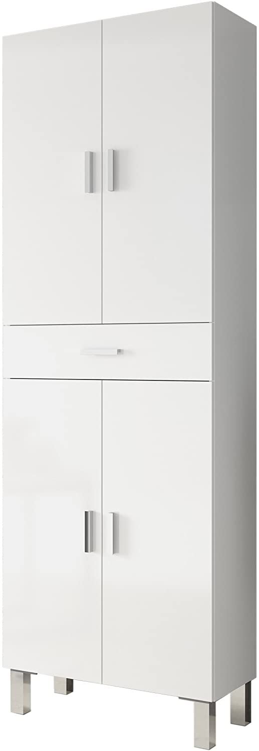Colonne De Salle De Bain Aruba - Meuble Lavabo 4 Portes + 1 Tiroir, Blanc Brillant, 60x182x29cm
