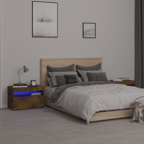 Non Communiqué Chêne Tables De Chevet 2 Pcs Et Lumières Led Fumé 60X35x40 Cm