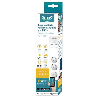 Garza SmartHome - Regleta enchufe múltiple inteligente wifi de 3 tomas compatible con Alexa y Google Home. Regleta por control remoto programable con 4 USB. Controlable con App iOS y Android.