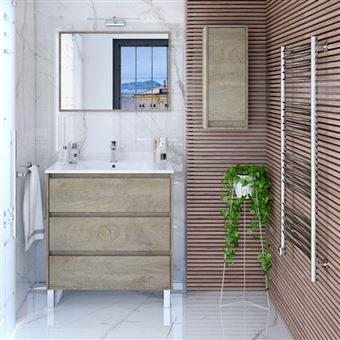 Mueble de Baño Colgante y Espejo Con Lavabo. Roble Alaska