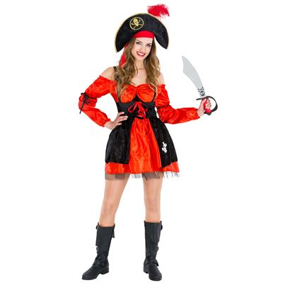 Tectake Disfraz De pirata para mujer vestido y sombrero con pluma incl. enaguas ahuecadas marina la temible talla xl