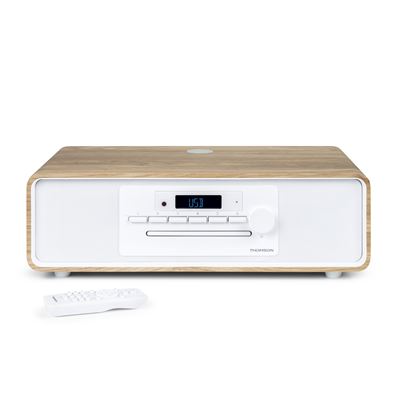 Minicadena Thomson Bluetooth 60w Con Radio Cd Mp3/usb Carga Inalámbrica Blanca/madera Mic301ibt