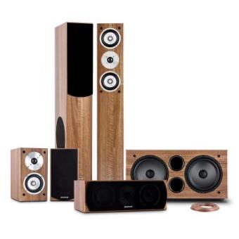 auna Linie-501-WN 5.1 Sistema de sonido home cinema 600W RMS (2 altavoces de pie 280W, subwoofer activo 500W, 2x altavoz estantería 100W, central 120W, cable 25m, entrada RCA, color nogal)