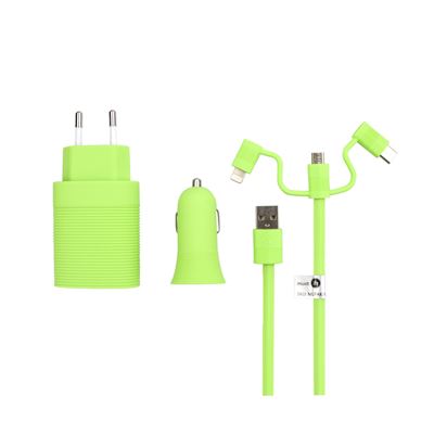Pack Muvit Life cargador de coche usb+cargador de casa usb+cable 3 en 1 micro usb, tipo C y lightning verde