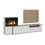 Mueble salón comedor con chimenea eléctrica con 5 niveles de llama acabado Blanco Mate y Roble claro cepillado 290x170x45 cm