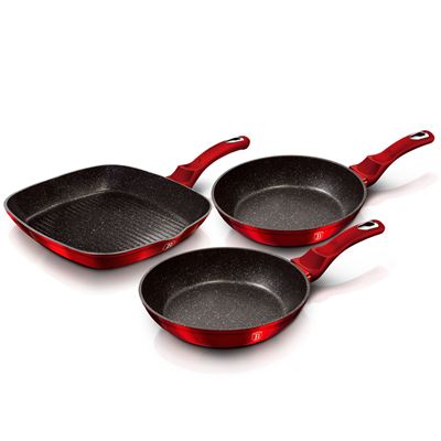 Berlinger Haus Rojo Juego 2 Sartenes Y Grill Inducción 20-24-28Cm, Burgundy, Aluminio Forjado, Metallic Line