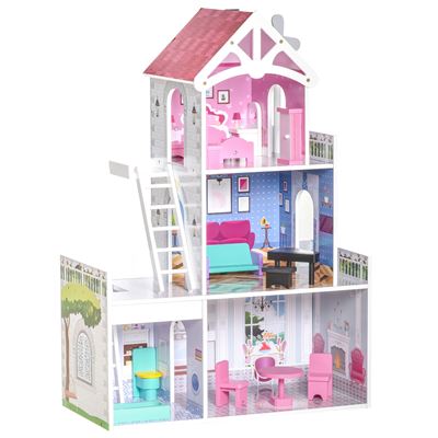 Casa de muñecas de madera con 13 accesorios Homcom 60x29x85 cm rosa