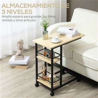 Mesa auxiliar con ruedas forma de C HOMCOM 60x34,5x64,5 cm natural