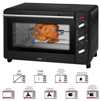 Horno de sobremesa Clatronic MBG 3728 30L con asador de pollos giratorio, Grill, aire caliente, piedra pizza, 1500W