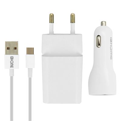 Pack cargador 2.1A + cargador para coche 2.1A + cable USB-C 1m, Blanco