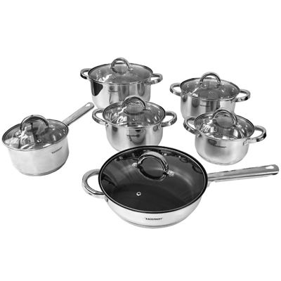 Batería De Cocina Klack 12 Piezas Acero Inoxidable Con Sartén Antiadherente Y Tapas De Vidrio | Apta Inducción Y Lavavajillas