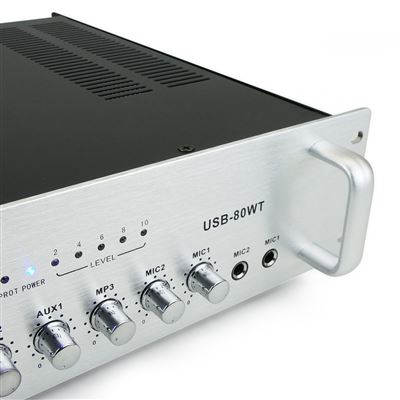 Amplificador de sonido profesional formato rack de 550 W 110 V con 4 zonas,  AUX, MIC y MP3